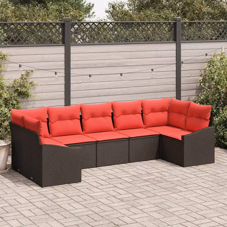 Set di divani da giardino vidaXL in rattan marrone con tavolo e cuscini, composizione a L con struttura in metallo e sedute imbottite