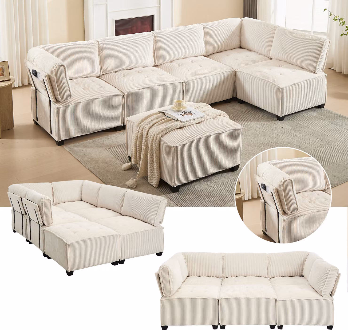 MODFU Divano ad angolo, letto letto, divano a 6 posti con tasche portaoggetti, combinabile in modo flessibile in divano a U/divano a L, beige