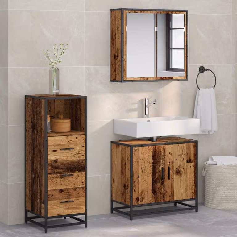 Set di mobili per il bagno moderno vidaXL in legno e metallo marrone, composto da armadietto con specchio, mobile lavabo e colonna, L/P/H: 65 x 33 x 60 cm