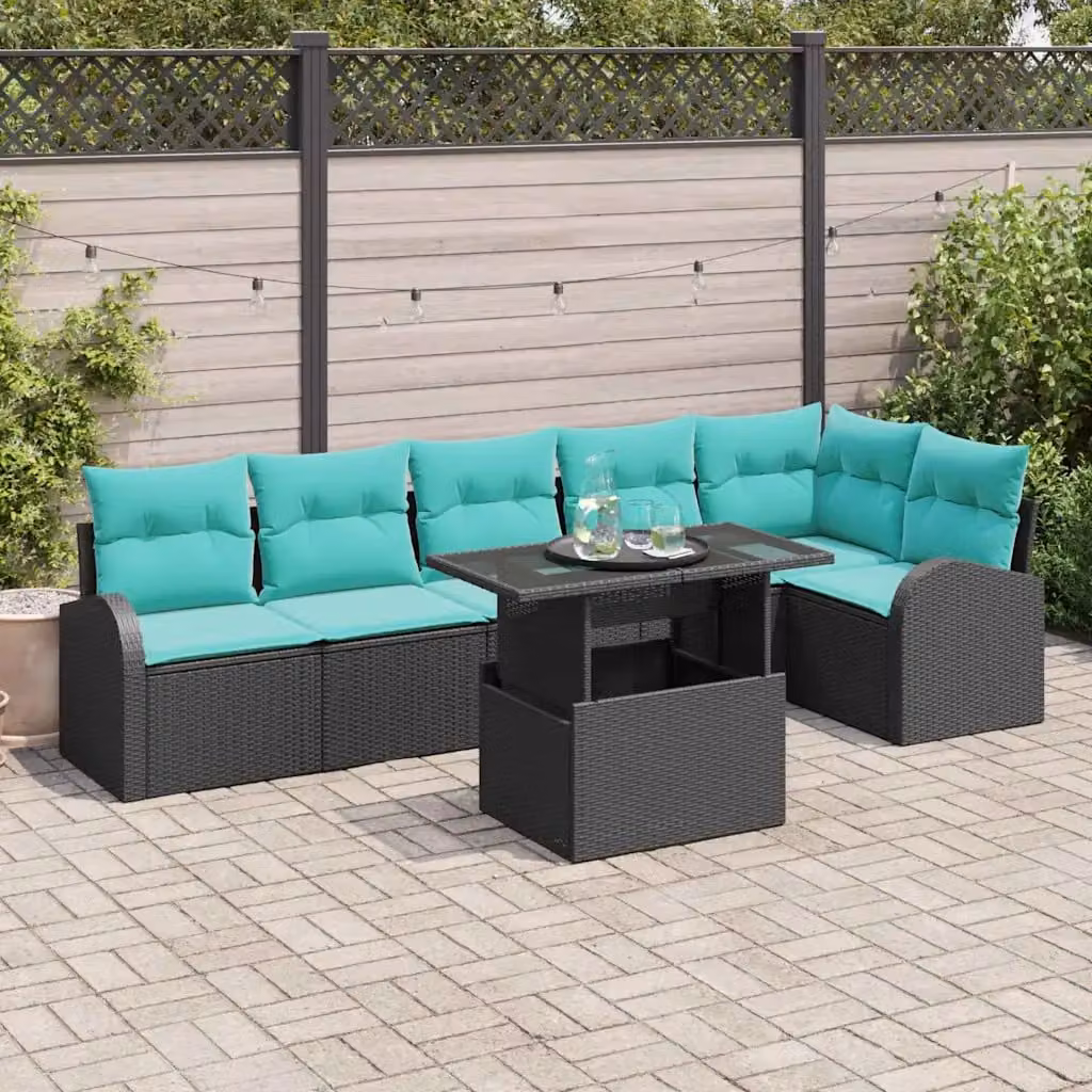 Set Divano da Giardino vidaXL 7 Pezzi Moderno in Rattan con Cuscini Turchesi e Nero