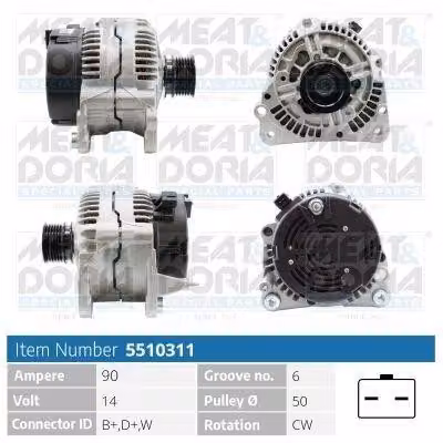 MEAT & DORIA 5510311 Alternatore LiMa 90 A 14 V per VW Golf IV berlina (1J1), POLO (9N), Transporter V, Transporter IV, GOLF PLUS