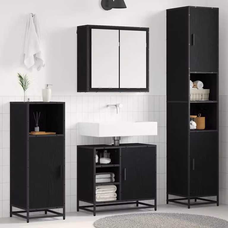 Set di mobili per il bagno moderno vidaXL composto da 4 pezzi in rovere e nero con armadietto a specchio, mobile lavabo, mobile laterale e colonna alta L/P/H: 65 x 33 x 188,5 cm