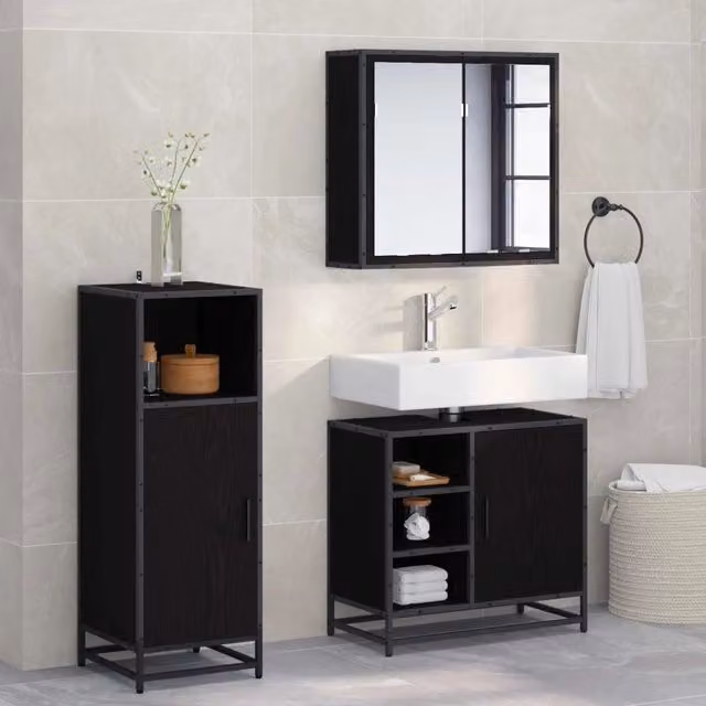 Set di mobili per il bagno 3 pz Rovere Nero 65 x 33 x 60 cm 3402452