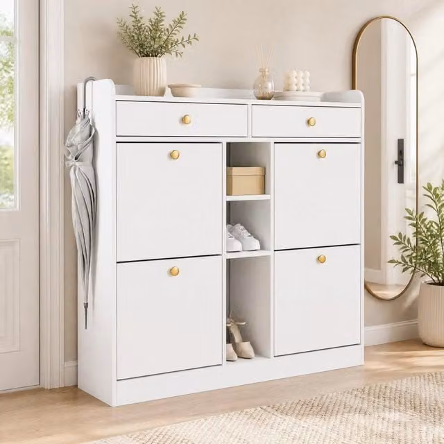 Scarpiera Mivray per ingresso con 4 ante a ribalta e cassetti, finitura bianca opaca, L: 110 cm, P: 26 cm, H: 100 cm