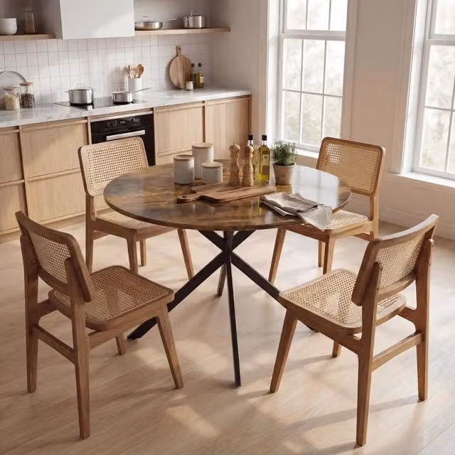 Tavolo da pranzo rotondo industriale Ø100 cm, piano effetto legno, gambe in acciaio, Rustico marrone