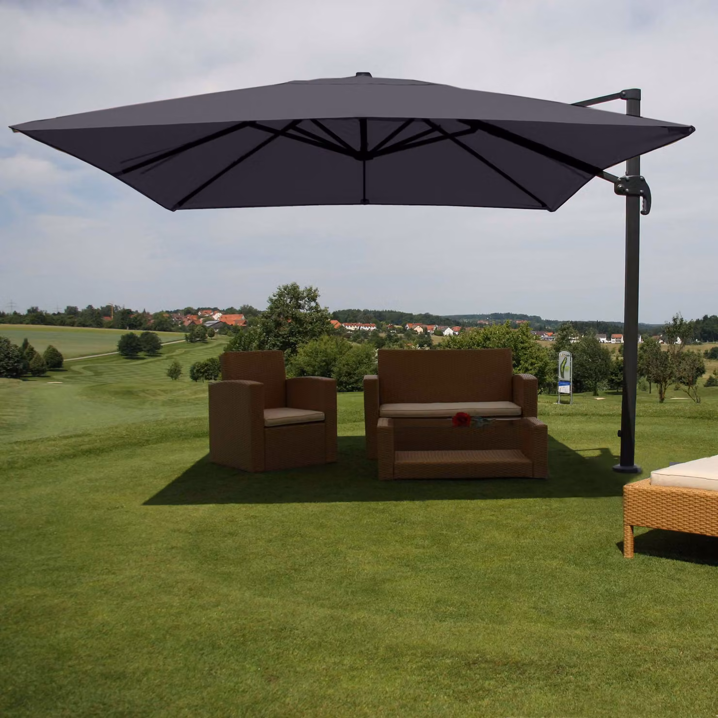 Ombrello semaforo gastronomico HWC-A96, 3,5x3,5m (Ø4,95m) poliestere/alluminio 25kg ~ antracite senza supporto, girevole