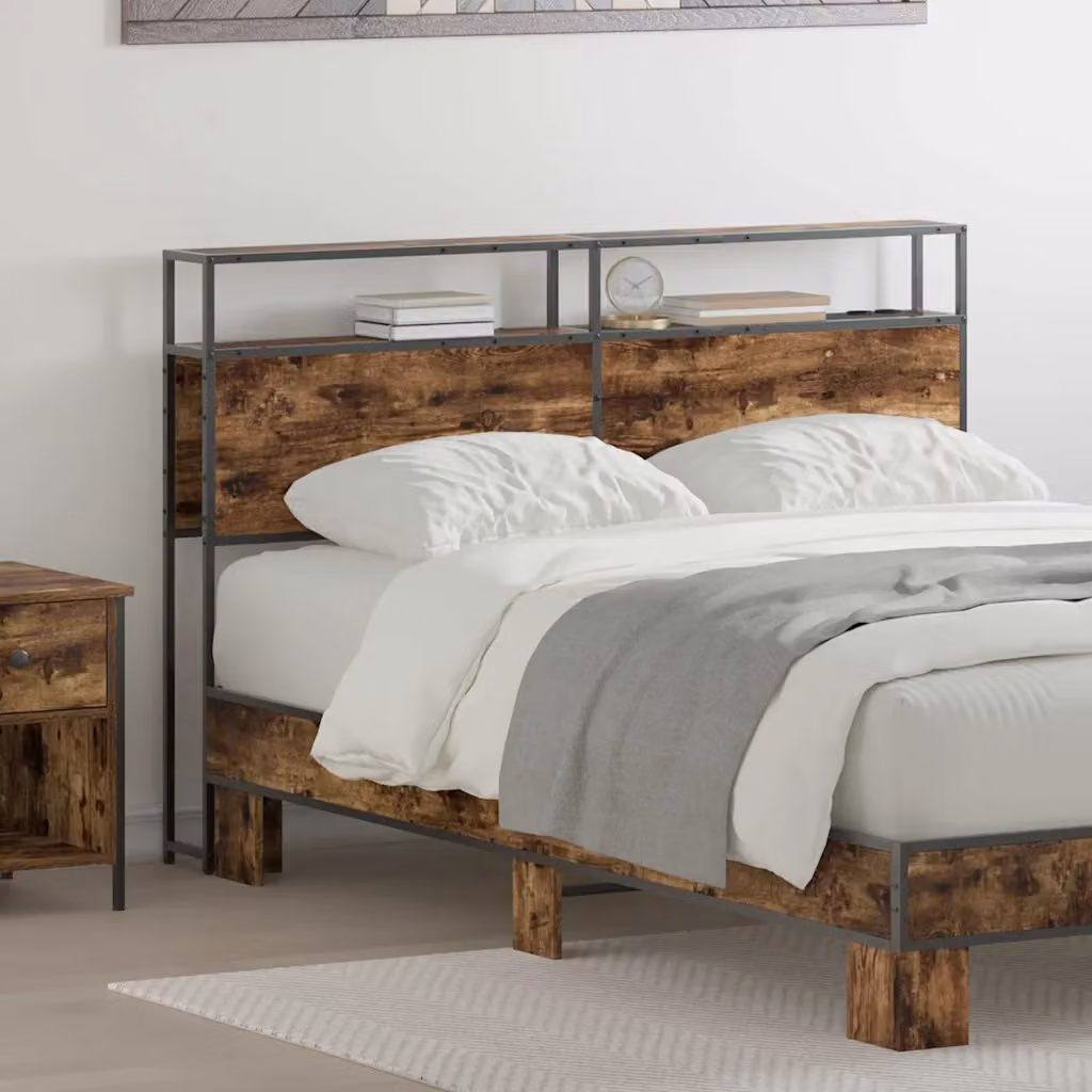Testata letto con contenitore vidaXL in legno ingegnerizzato e metallo, colore marrone, con ripiano integrato e porta di ricarica USB, L: 138,0 cm, H: 98,0 cm, P: 17,47 cm