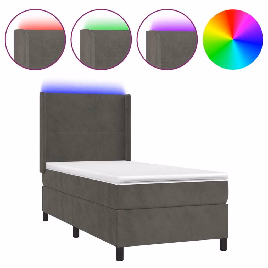 Letto a Molle con Materasso e LED Grigio Scuro 100x200 cm
