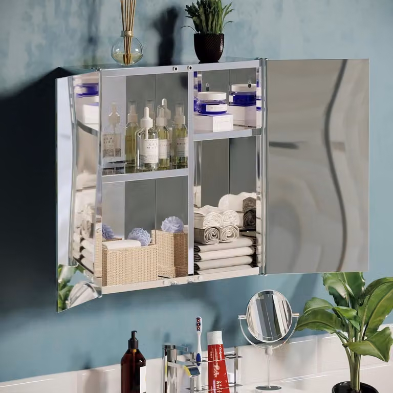 Mobile da bagno con doppia anta - Specchio - Montaggio a parete - Bianco