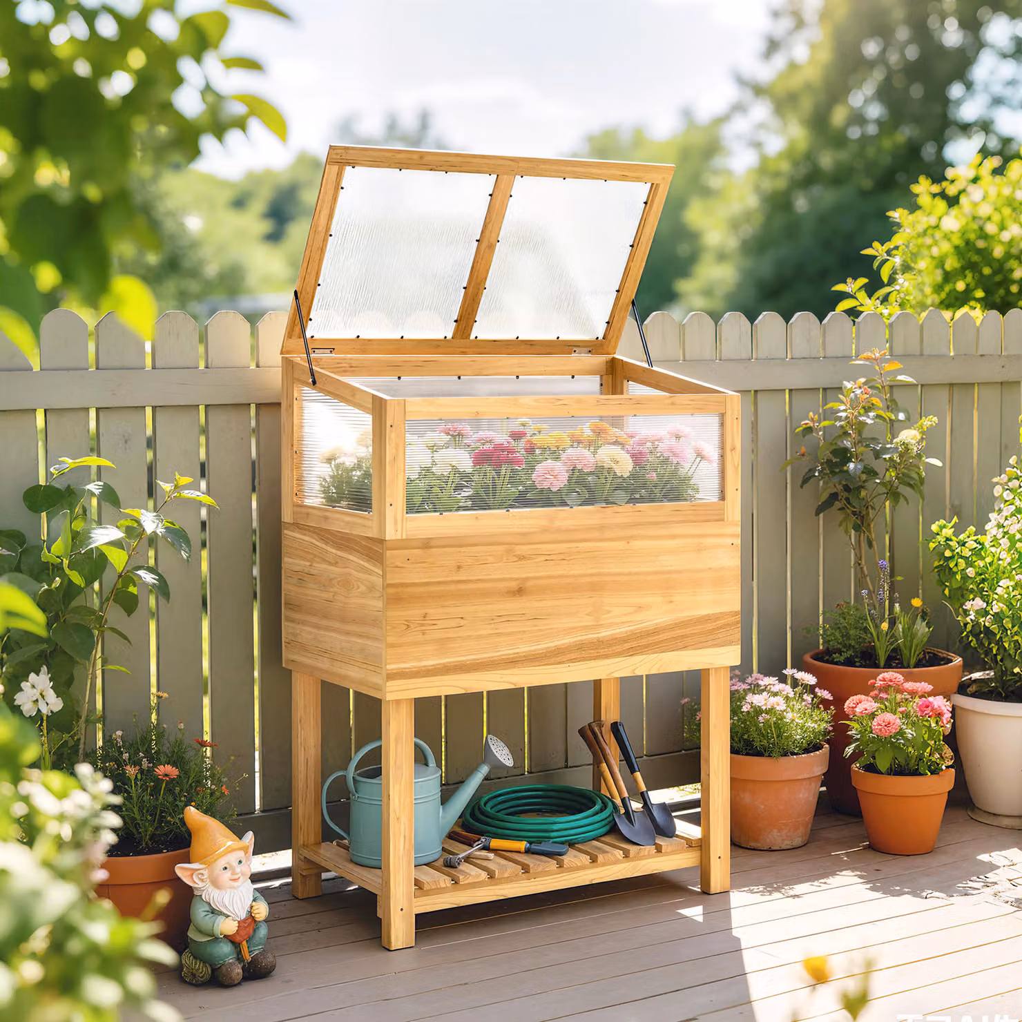 Orto rialzato Outsunny con inserto per semina, coperchio ribaltabile e ripiano in legno naturale, L: 80 cm, P: 45 cm, H: 108,5 cm – 2