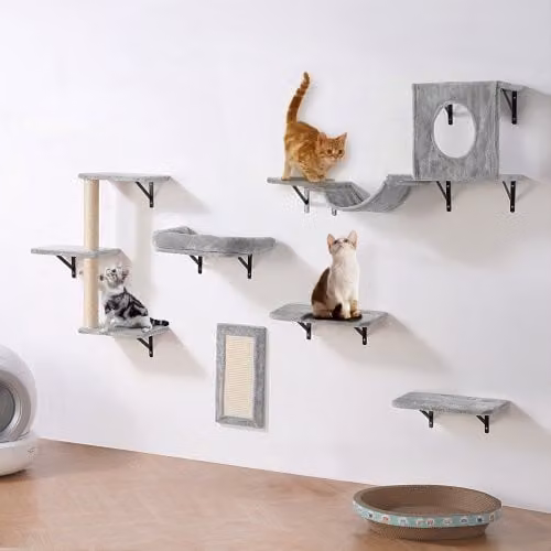 Set di 6 mensole da parete VEVOR per gatti in legno e composito con amaca, disponibili nei colori marrone e grigio