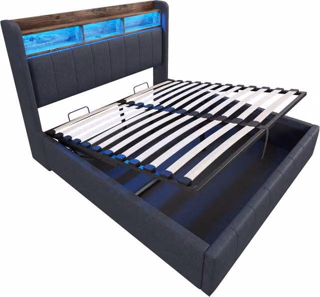 Letto matrimoniale imbottito grigio con contenitore idraulico, illuminazione LED e porte di ricarica USB e Type-C, L/P: 140 x 200 cm – 1