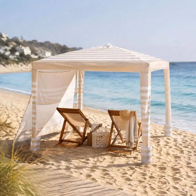 Beach Cabana, 2.4 X 2.4 M Beach Canopy With Side Wall, UPF 50+ Sun Protection, Cabana With Sandbags, Height-adjustable & Portable Sunshade For The Whole Family And Friends