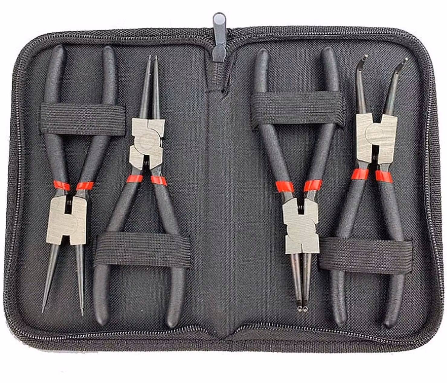 Set di pinze per anelli di sicurezza, 4 pezzi, 150 mm, con becco curvo e dritto, per anelli interni ed esterni, realizzate in acciaio per utensili, con impugnatura antiscivolo