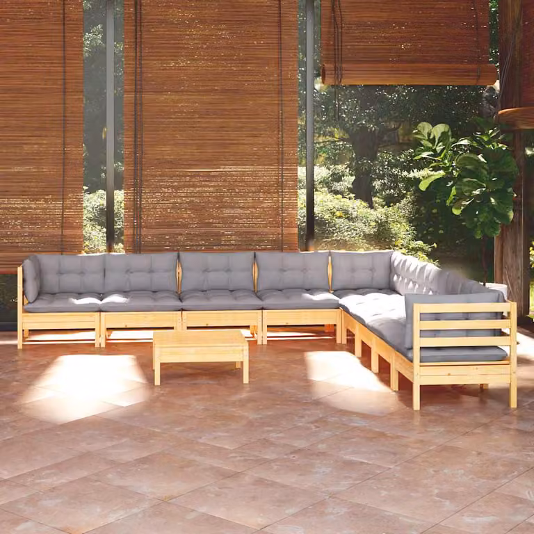 Set di Divani da Giardino vidaXL 10 Pezzi in Legno di Pino Massello con Cuscini Grigi e Design Moderno a L