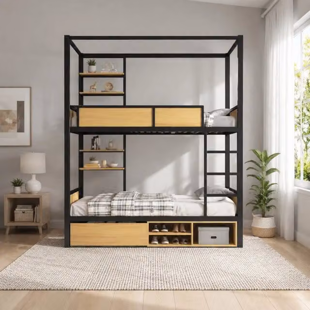 Letto a castello 90x200 cm in metallo e MDF; nero/naturale; con mensole laterali e cassetti