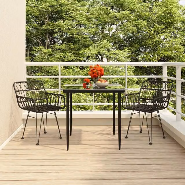 Set da pranzo da giardino vidaXL in 3 pezzi in polyrattan nero con piano in vetro
