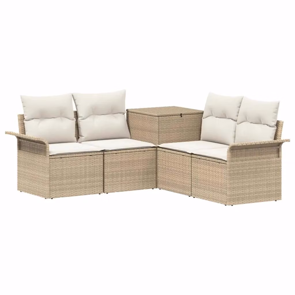 Set di divani da giardino a forma di U vidaXL in polyrattan beige e bianco con cuscini e pouf coordinato – 2