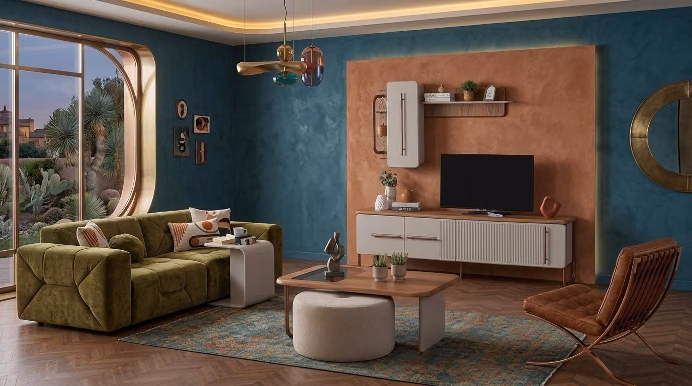Mobile TV a basso profilo, mensola sospesa, tavolino, tavolino di servizio, pouf, design moderno, colore marrone