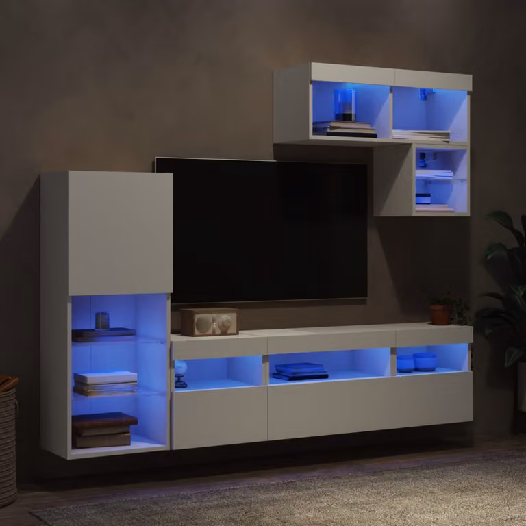 Mobile TV da parete vidaXL in legno bianco con illuminazione LED integrata e 6 moduli moderni