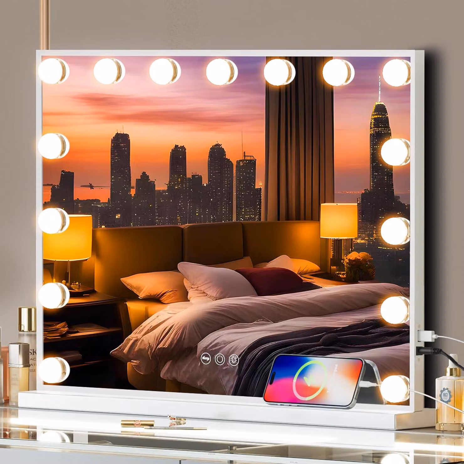 VANITII specchio da trucco 58cm x 48cm specchio dimmerabile con illuminazione 15 luci dimmer 3 modalità di luce specchio da trucco per bagno