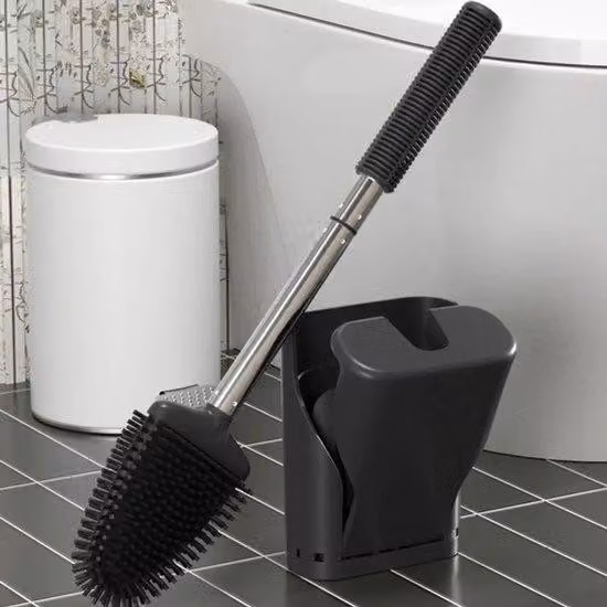 Spazzolino per WC, spazzolino per WC in silicone, spazzolino per WC da parete, set di spazzolini per WC, set di spazzolini per WC piatti da posa a terra, spazzolino per WC con punta morbida, colore nero.