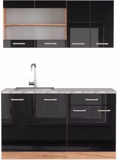Cucina monoblocco R-Line Nero lucido/Rovere dorato 140 cm, PL Marmo Vicco