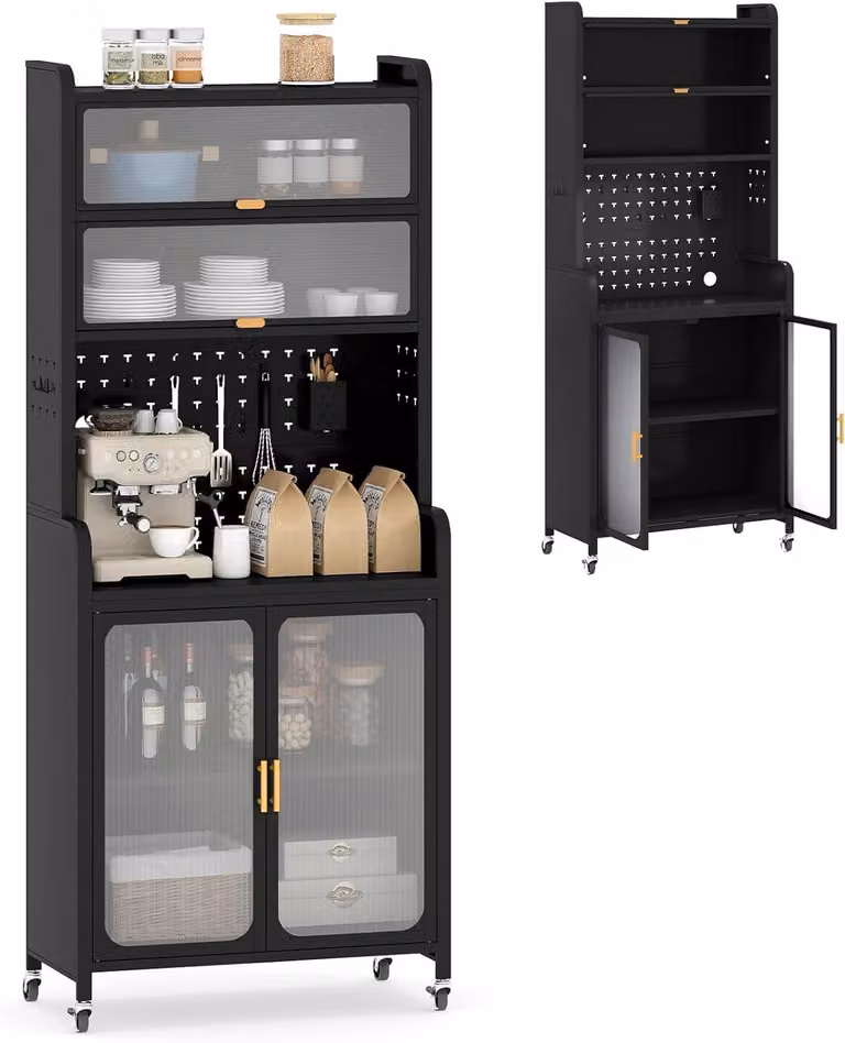 KOMFOTTEU: mobile da cucina a 6 ripiani con 4 rotelle rimovibili, mobile buffet con ripiano forato, ante a ribalta e ripiano regolabile, mobile da cucina in metallo