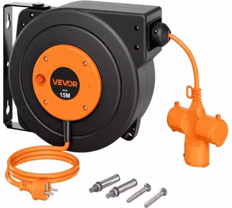 Avvolgicavo Elettrico VEVOR Nero con Cavo Retrattile da 15 m, Bobina da Parete Girevole Autoavvolgente con Protezione contro il Surriscaldamento e Staffa Orientabile a 180°