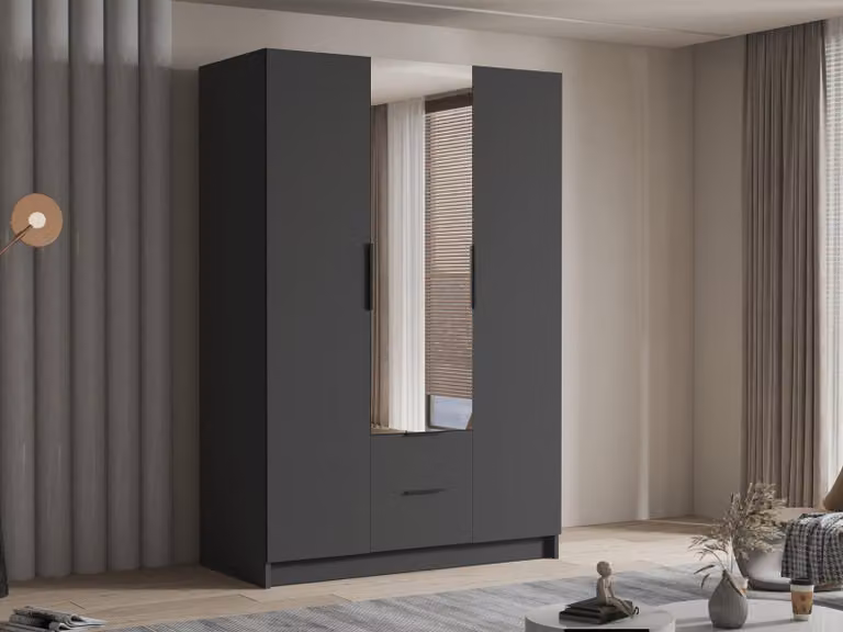 MIRJAN24 Armadio Calwi II 150, camera da letto, con specchio, armadio a battente, con asta appendiabiti, moderno, armadio, maniglie in metallo (colore: nero + nero)