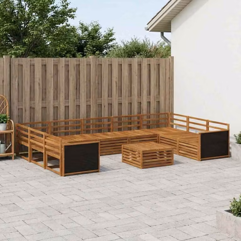 Set di divani da esterno vidaXL a forma di U in legno di acacia marrone con cuscini e tavolino da caffè incluso