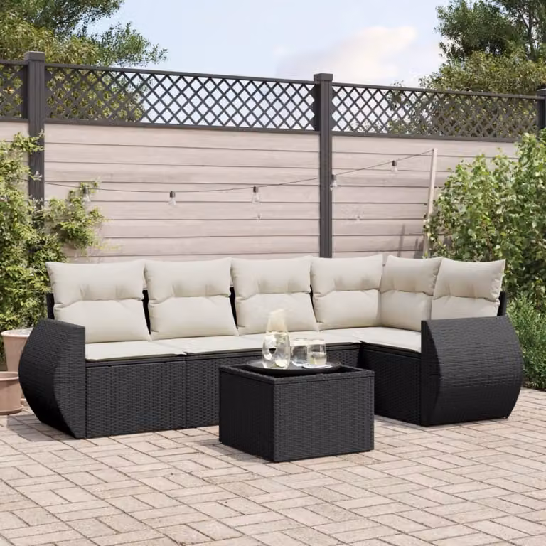 Set Divano da Giardino vidaXL 6 pz in Polyrattan Nero con Cuscini e Tavolino da Esterno a Forma di L