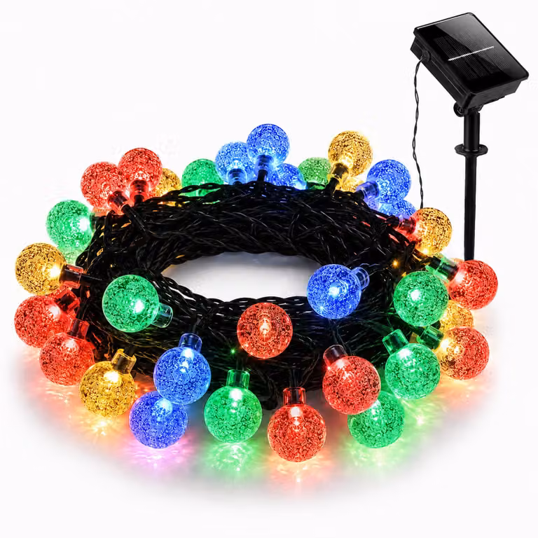 Catena luminosa solare da esterno, 5 metri, 20 LED, sfere di cristallo, 2 modalità, multicolore, accensione/spegnimento automatico, ideale per decorare giardino, terrazza, balcone, per Natale o per feste