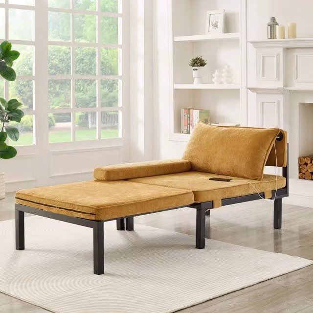 Poltrona letto pieghevole ULEVR in velluto giallo con struttura estensibile in legno massello e porta USB Type-C