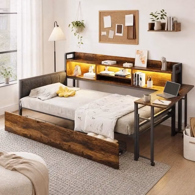 Letto singolo multifunzione 90 x 200 cm con LED; 2 cassetti e scrivania estraibile; legno naturale