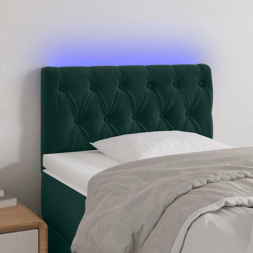 Testiera per letto vidaXL in velluto verde scuro con illuminazione LED e porta di ricarica USB, L 80 cm, P 7 cm, H 78-88 cm