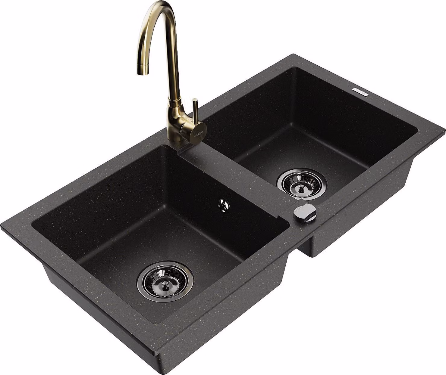 Mexen Mario lavello in granito a 2 vasche con rubinetto da cucina Telma, nero/oro - 6504-75-670200-50-B