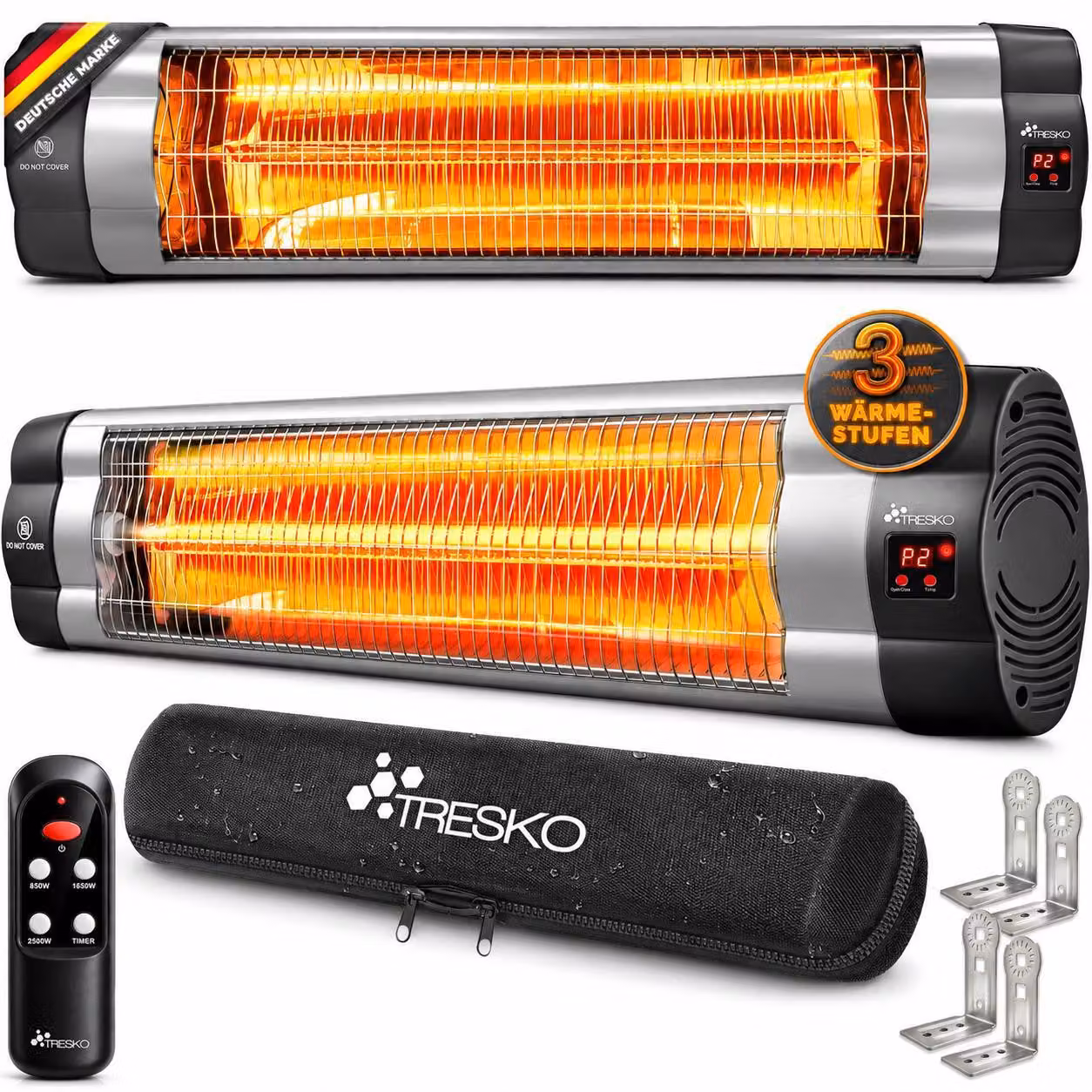 TRESKO riscaldatore radiante a infrarossi 2500W argento con telecomando, timer e coperchio | riscaldatore elettrico per patio con 3 livelli di riscaldamento | riscaldatore per patio per interni ed esterni | riscaldatore a infrarossi a parete con display a