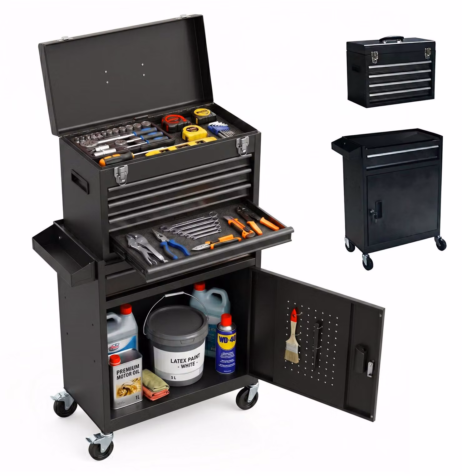 Carrello da officina Relaxdays, 5 cassetti, vano portaoggetti e ripiano superiore, con serratura, L x P x A: 104 x 59,5 x 28 cm, carrello su ruote, acciaio, nero