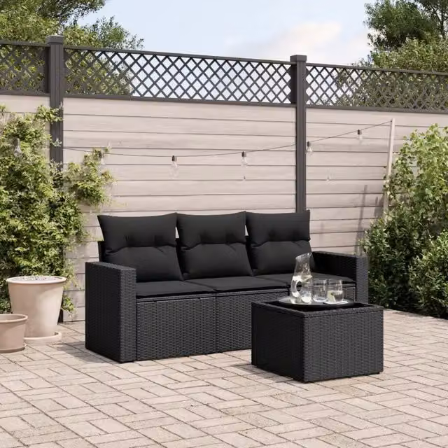 Set Divani da Giardino 4 pz con Cuscini Nero in Polyrattan 3218655