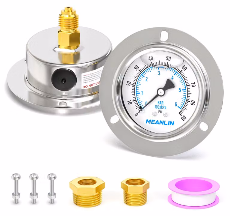 Manometro da 0 a 6 BAR, attacco 1/4" BSP, flangia frontale, acciaio inossidabile, precisione ±3-2-3 %