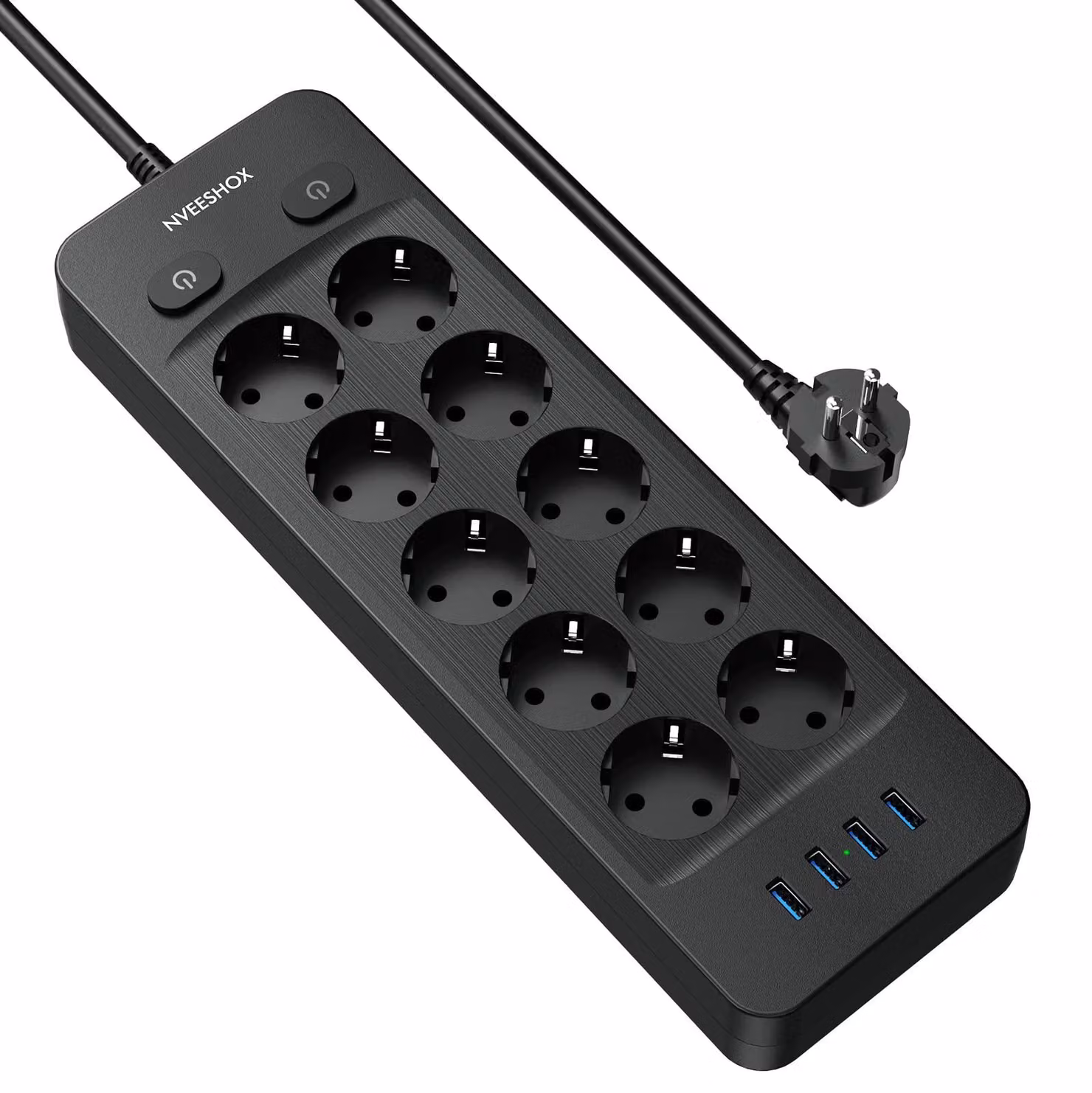 Ciabatta multipresa con 10 prese e 4 porte USB, lunghezza 2 metri, colore nero