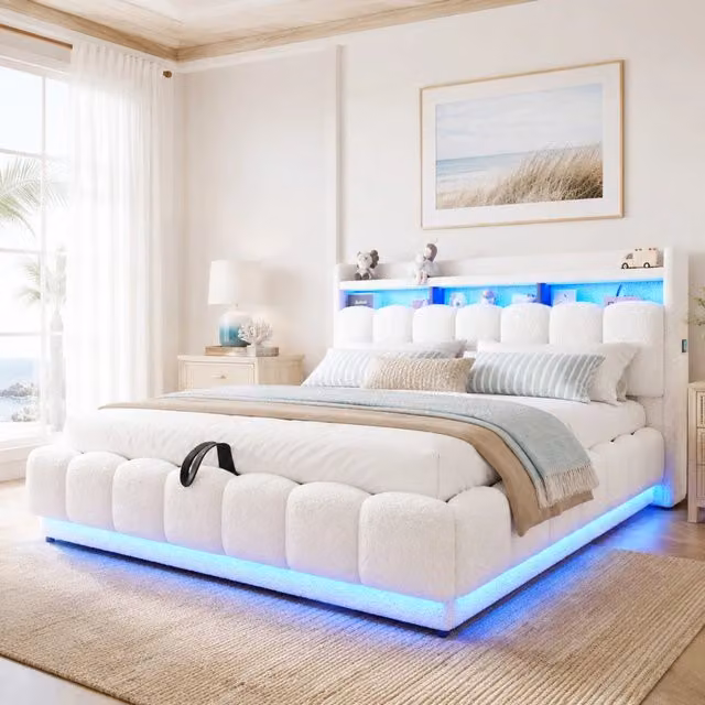Letto matrimoniale imbottito 180 × 200 cm con vano contenitore idraulico metallo bianco LED USB presa