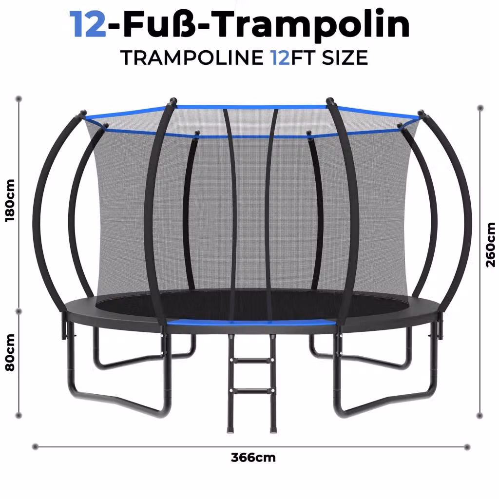 Trampolino rotondo OKWISH con rete di sicurezza e scala, diametro: 366 cm, in acciaio, nero e blu – 2