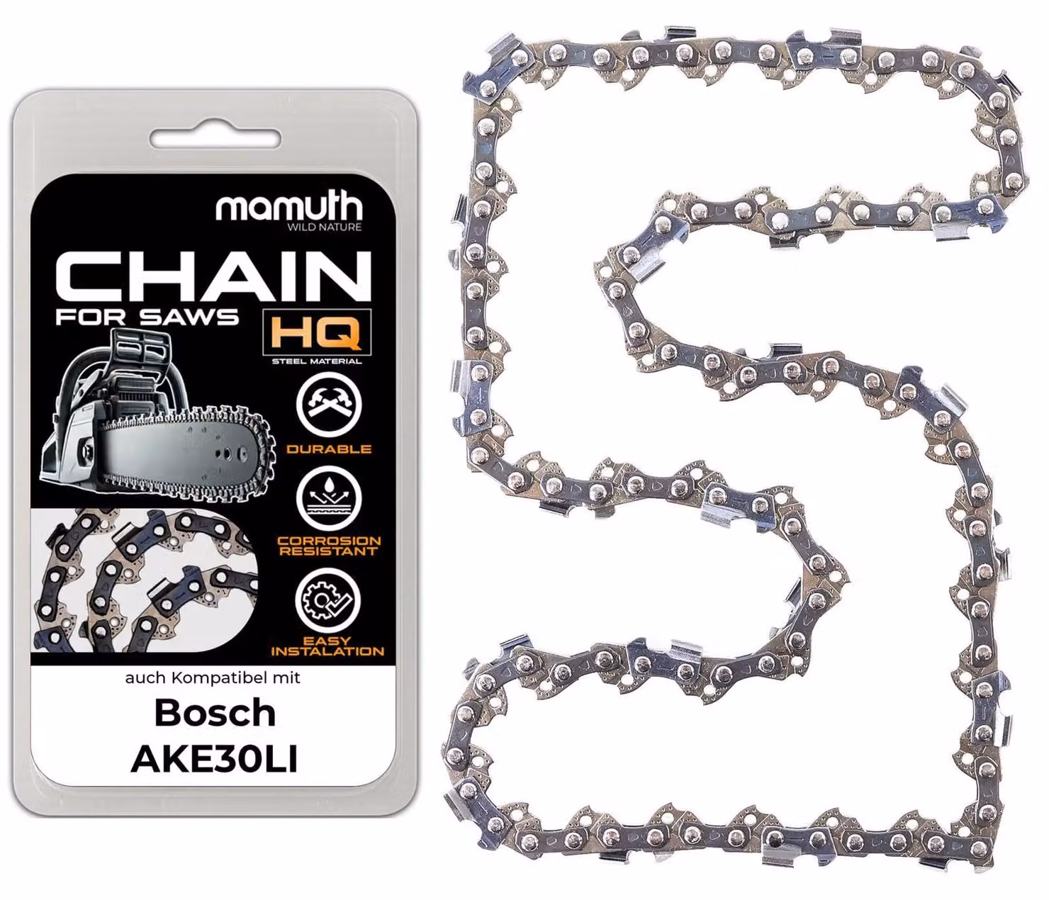 Catena per motosega, lunghezza 35 cm, spessore 1,3 mm, passo 3/8", modello 52 TG, compatibile con Bosch AKE30LI