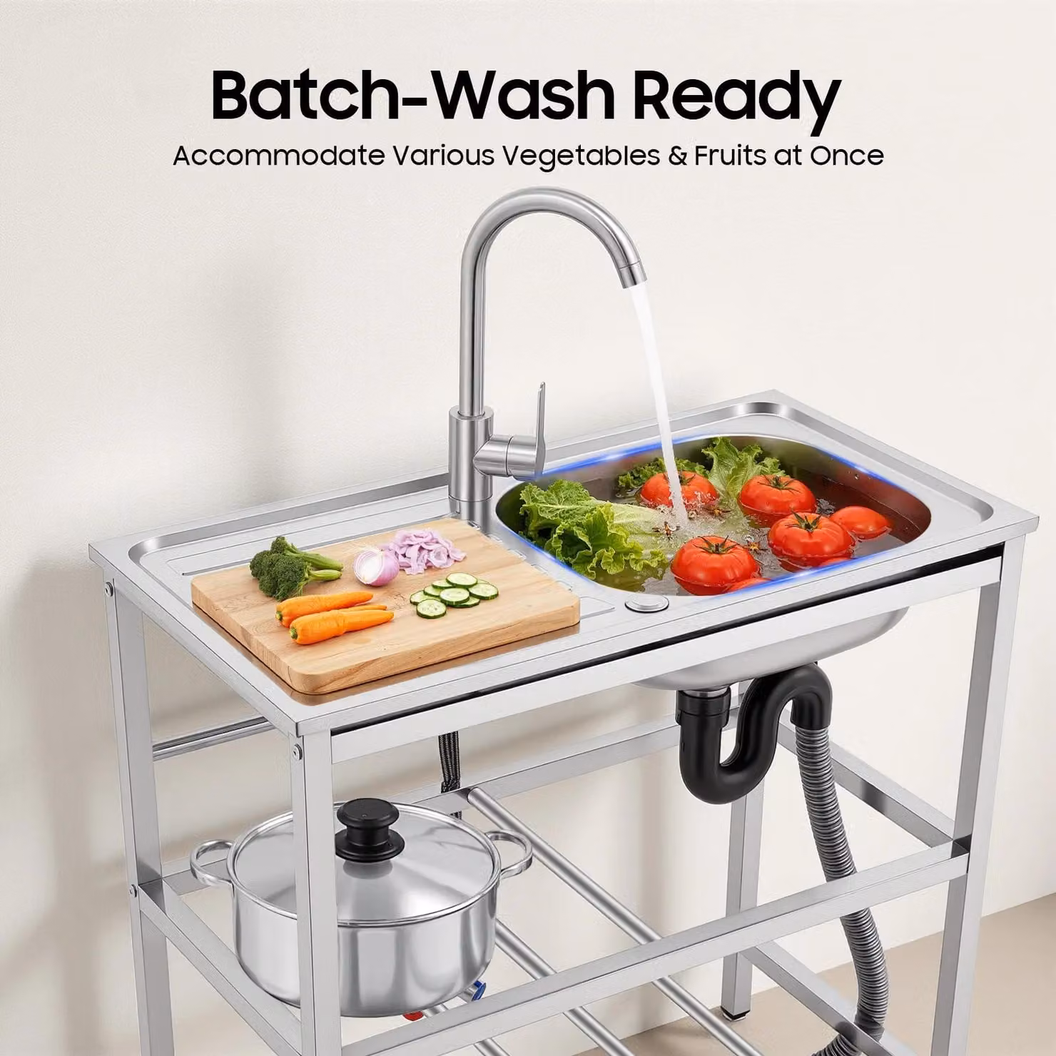 Lavello da cucina – Lavello indipendente – Acciaio inossidabile – Vasca singola – Con rubinetto – Per cucina esterna – 75 × 40 × 78 cm