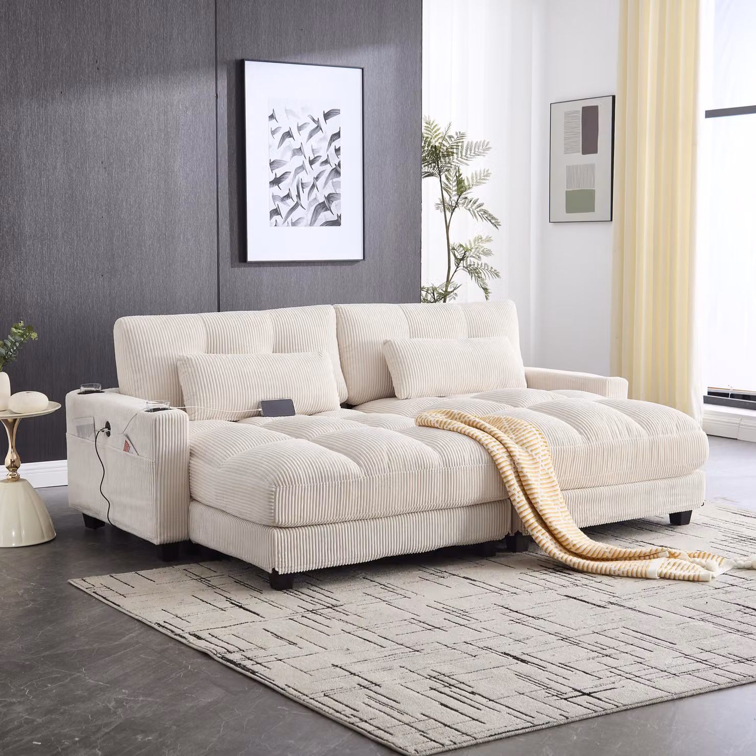 DIVANO MODULARE MODFU: Divano modulare rivestito in tessuto corduroy, divano a due posti con prese USB, portabicchieri e tasche laterali, divano moderno e confortevole, divano letto, color beige