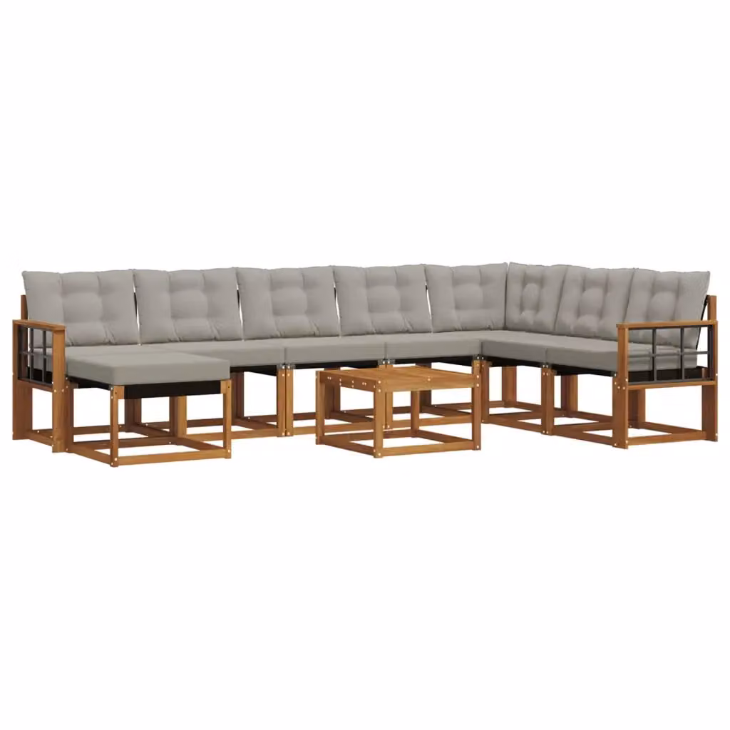 Set di divani da esterno a L vidaXL in legno di acacia con cuscini beige e grigi, composto da 9 pezzi con tavolino e pouf – 2
