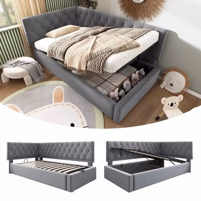 Letto giorno funzione contenitore velluto grigio 90x200 cm