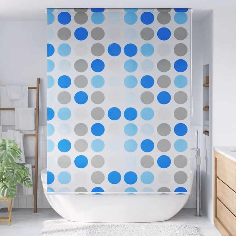 Tenda a Rullo per Doccia vidaXL con Motivo a Cerchi, Multicolore e Blu, L: 140 cm, H: 240 cm